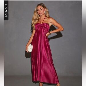 Vici Strapless Pleated Maxi Dress in Berry